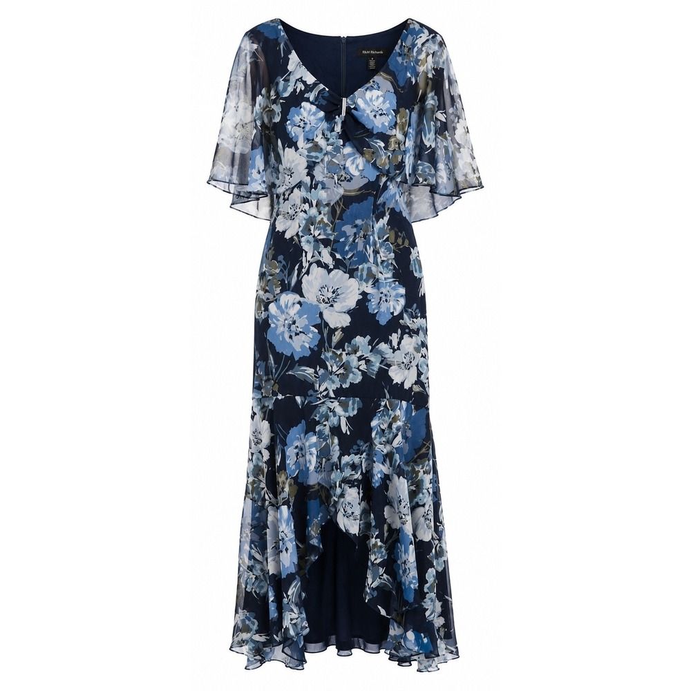 R&M Richards Navy Blue Floral Chiffon High-Low Maxi Dress Rhinestone Size 6